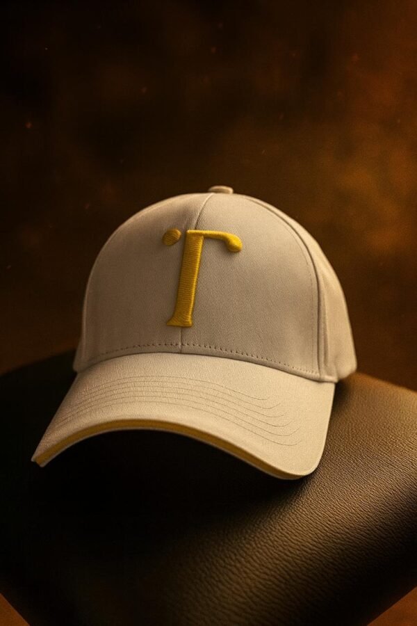 White Cap With Yellow Logo And Brim